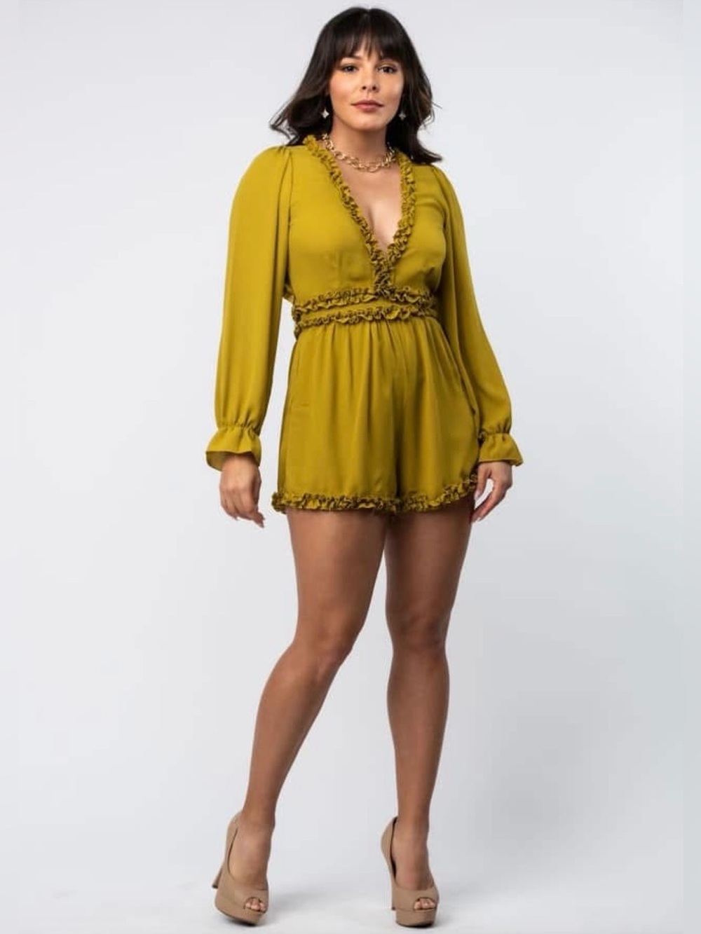 Ruffled V-Neck Long Sleeve Romper Dress in Mustard Green